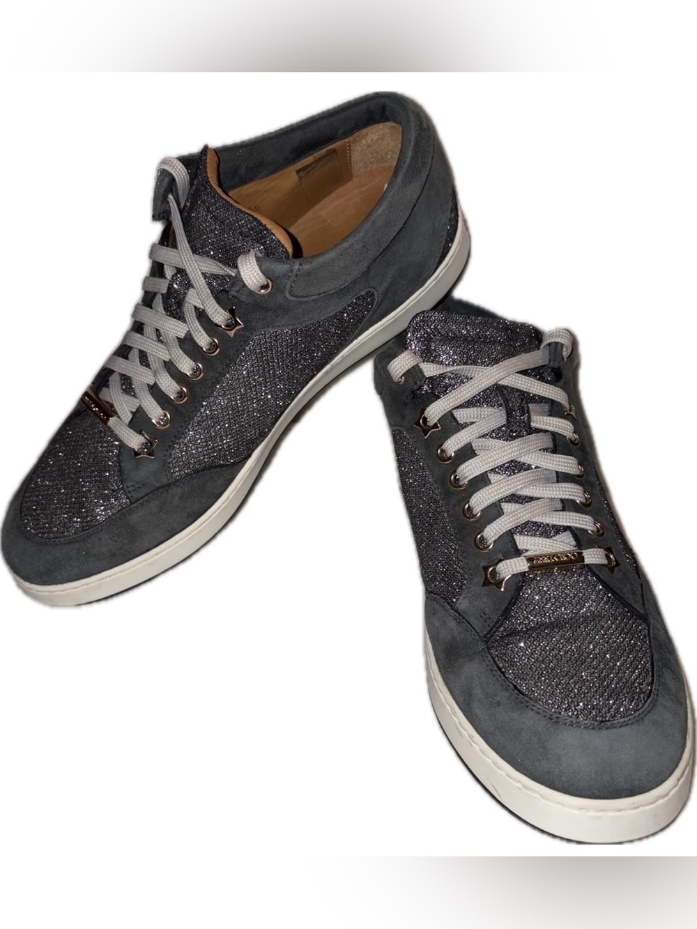 Jimmy Choo Miami Fine Glitter Suede Sneakers Gray 39.5